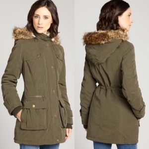DKNY Faux-Fur_Trim Military Green Parka Coat